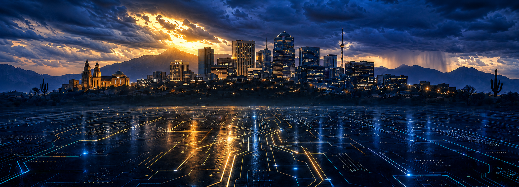 Tucson skyline at sunset with a digital circuit-board foreground